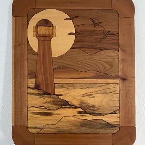large Lighthouse wood Marquetry - handcrafted wooden inlay mosaic ocean sea art